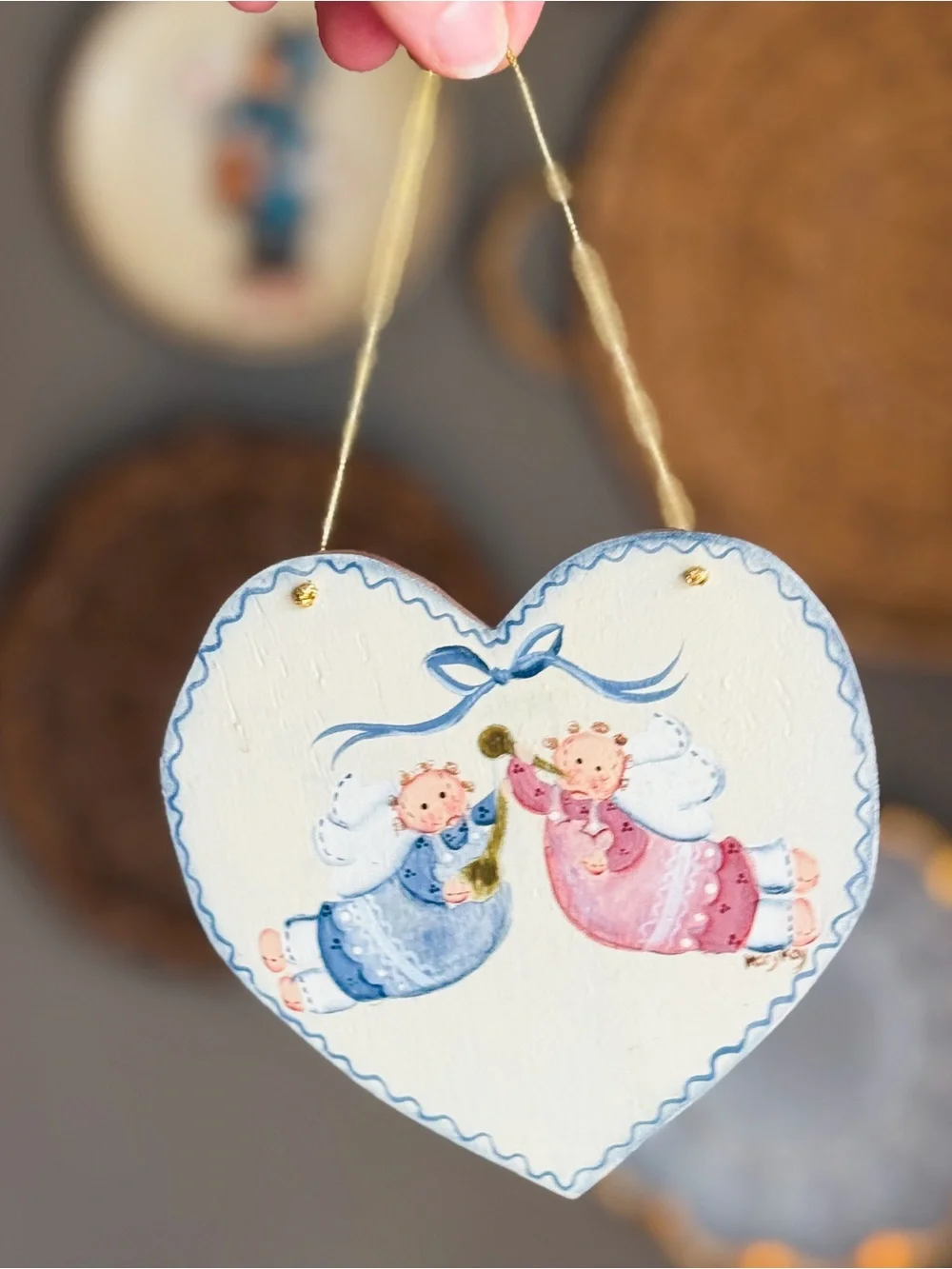 Hand-Painted Heart Holiday Ornament - Blue & Pink